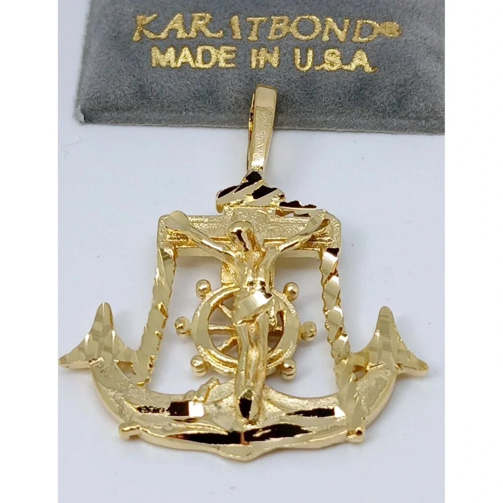 Vintage Karatbond Gold Anchor Crucifix Ship Wheel Pendant Made in USA Y2K NOS